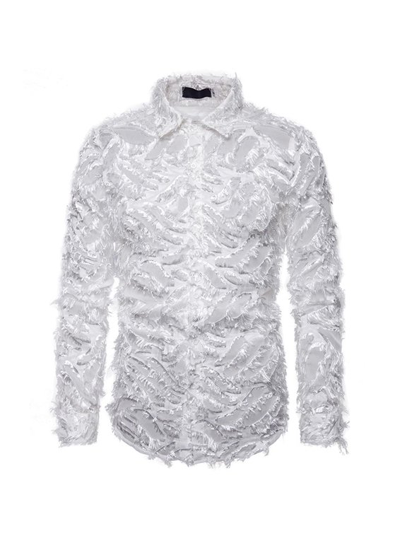T-Shirts Blouse Men Handmade Three-dimensional Feather Featured Turndown Shirt Top Blouse White