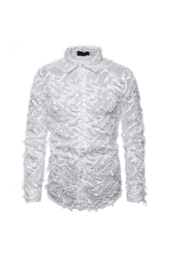 T-Shirts Blouse Men Handmade Three-dimensional Feather Featured Turndown Shirt Top Blouse White