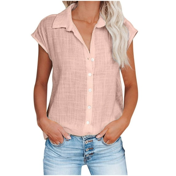 TIHLMK T Shirts for Women Shirts For Women Summer Casual Cotton Linen Short Sleeve T Shirt Loose Fit Button Down Lapel Solid Color Tees Pink