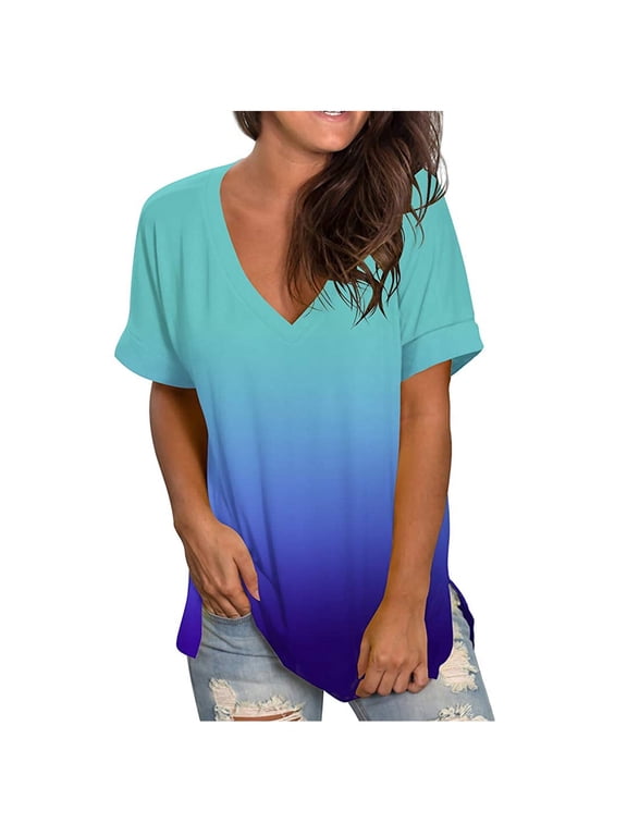 T Shirts for Women Blue Women's Fashion Casual Gradient V-neck Short Sleeve Loose T-shirt Tops Gift for Womens Tops