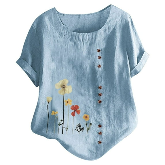 TIHLMK T Shirts for Women Blue Women Casual Plus Size O-Neck Printed Loose Button Tunic Shirt Blouse Tops Gift for Womens Tops