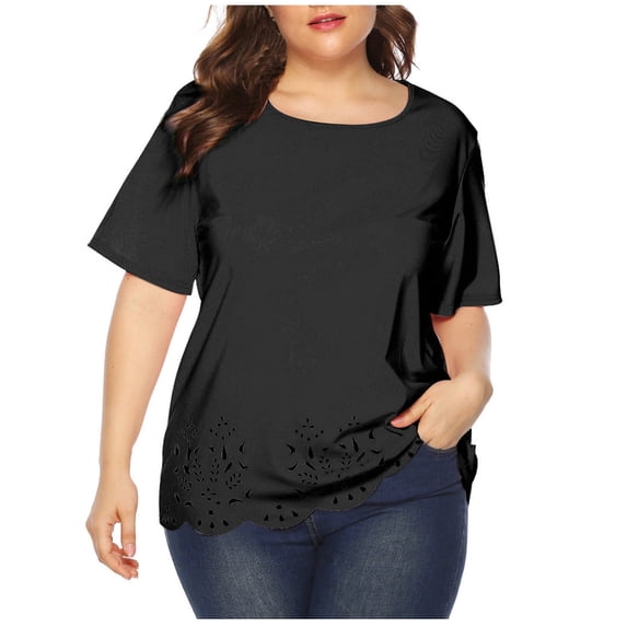 TIHLMK T Shirts for Women Women's Tops Large Solid Color Short Sleeve Round Neck Shirt Tops Black