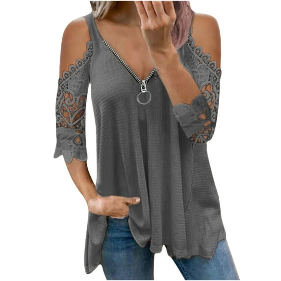 TIHLMK T Shirts for Women Gray Deals Clearance Women Casual Lace Half SleeveV-Neck Zipper Hollow Out T-Shirt Blouse Tops Gift for Womens Tops