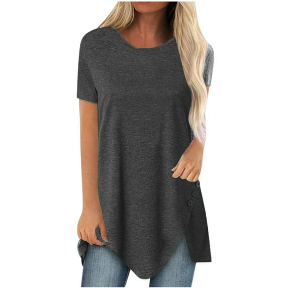 TIHLMK T Shirts for Women Gray Women Plus Size Button Solid Round Neck Short Sleeve Irregular T-shirt Blouse Tops Gift for Womens Tops