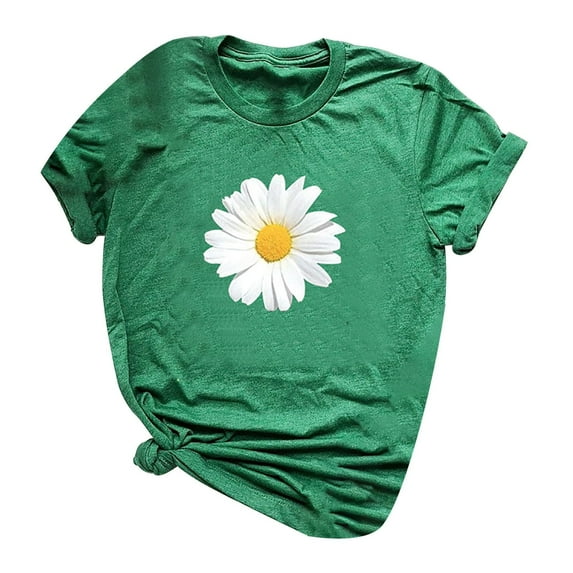 TIHLMK T Shirts for Women Green Plus Size Women Short Sleeve Floral Printed Sunflower O-Neck Tops T-Shirt Blouse Gift for Womens Tops