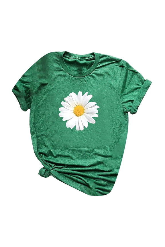 T Shirts for Women Green Plus Size Women Short Sleeve Floral Printed Sunflower O-Neck Tops T-Shirt Blouse Gift for Womens Tops