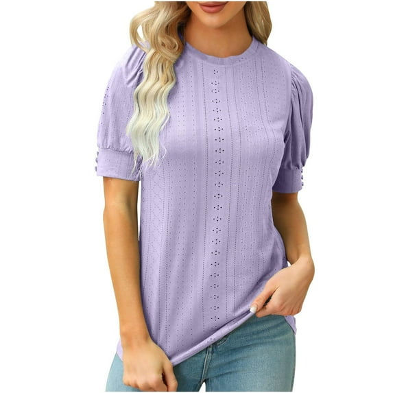 TIHLMK T Shirts for Women Purple Fashion Women's Short Sleeve Summer Solid Color Casual Top Pullover T-shirt Gift for Womens Tops