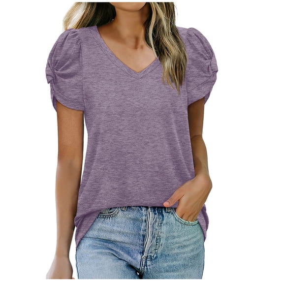 TIHLMK T Shirts for Women Purple Women Loose Casual Short Sleeve V-Neck Solid Casual Blouse T-shirt Tunic Tops Gift for Womens Tops