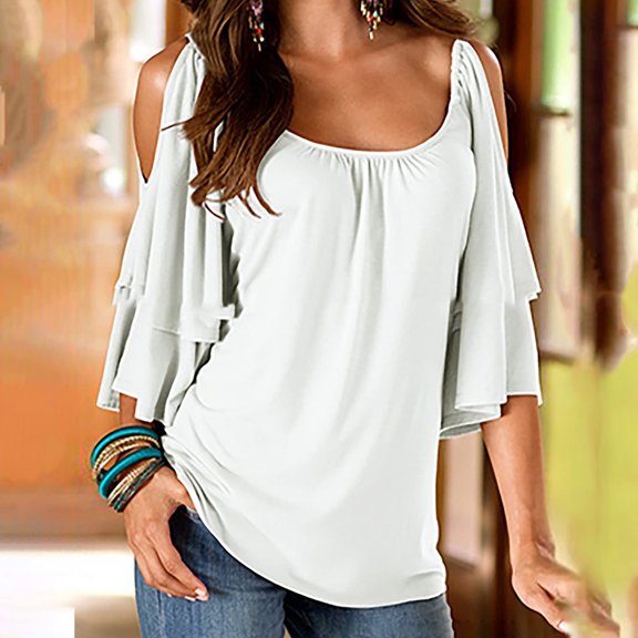 TIHLMK T Shirts for Women Women's Summer Printing Short Sleeve Strappy Cold Shoulder T-Shirt Tops Blouses