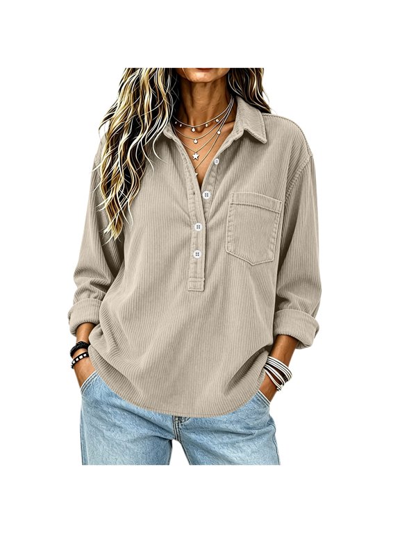 Tops for Women Long Sleeve Collared Tunic Top Casual Button Henley Blouse with Chest Pocket Loose Fit Fall Winter Pullover Fashion Relaxed Daily Wear Top