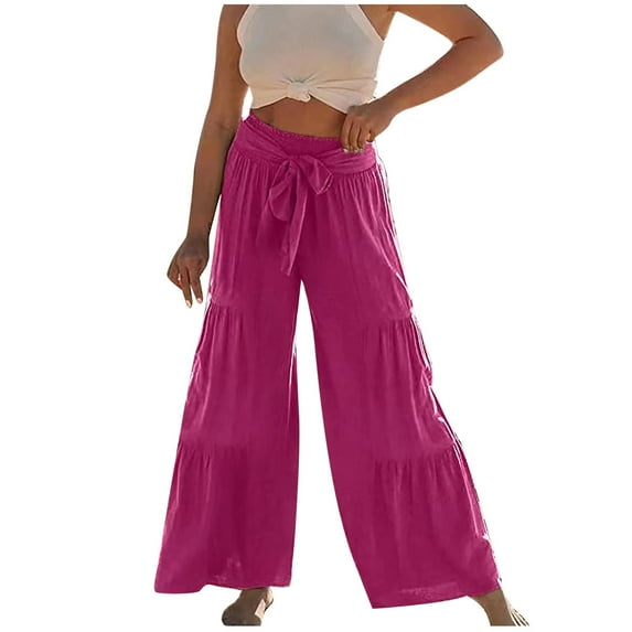TIHLMK Trousers for Women Women's Fashion Casual High Waist Elastic Waist Drawstring Straps Solid Color Ruffle Wide Leg Long Pants Gifts for Women