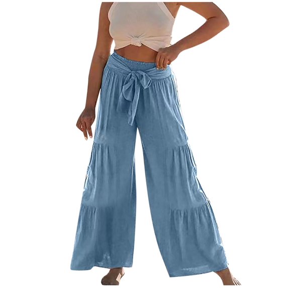 TIHLMK Trousers for Women Women's Fashion Casual High Waist Elastic Waist Drawstring Straps Solid Color Ruffle Wide Leg Long Pants Gifts for Women