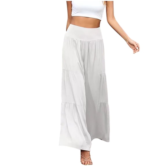 TIHLMK Trousers for Women Women's Fashion Casual High Waist Elastic Waist Solid Color Ruffle Wide Leg Long Pants Gifts for Women