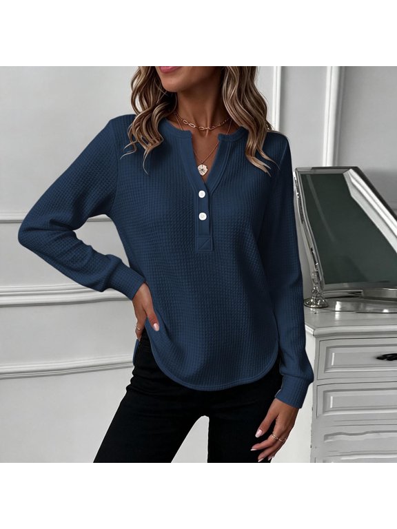 Waffle Knit Shirts for Women Notch V Neck Long Sleeve Tops Casual Relaxed Fit Fashion Pullover Blouses