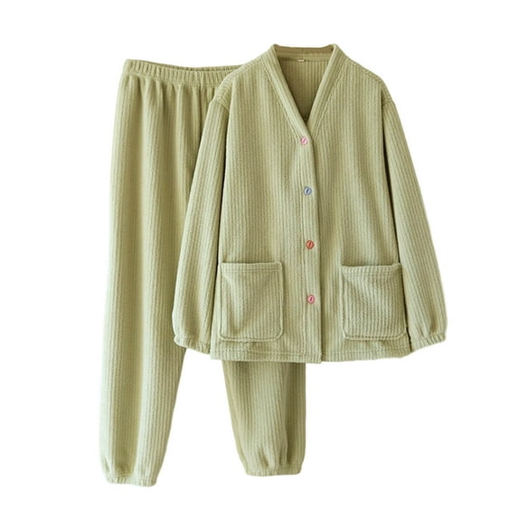 Lopecy-Sta Winter Pajamas for Women Solid Color V Neck Warm Comfy Button Up Home Clothes Pajamas Set for Women