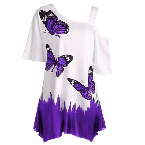 TIHLMK Women Cold Shoulder Butterfly Print Short Sleeve Plus-Size Shirt Blouse Tops