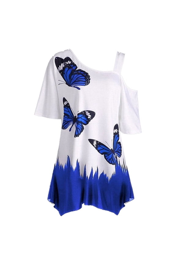 Women Cold Shoulder Butterfly Print Short Sleeve Plus-Size Shirt Blouse Tops
