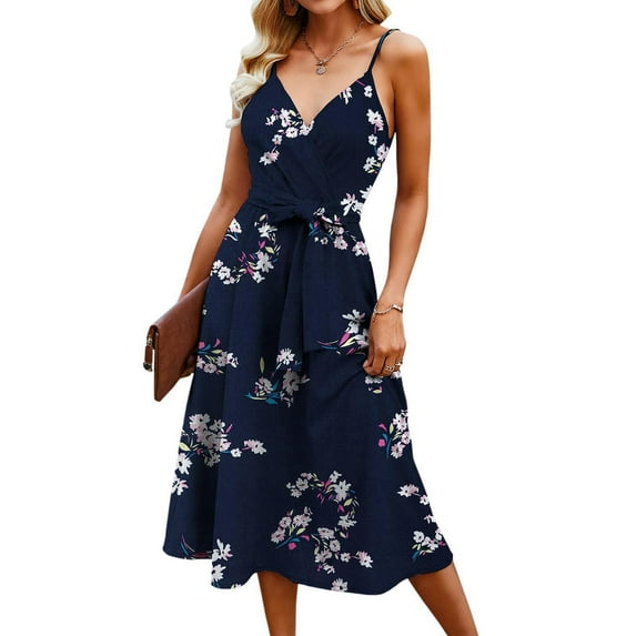 TIHLMK Women Dresses Summer Deals Clearance Women's Fashion Sexy V-Neck Sleeveless Printed Print Mid Claf Dresses +Belt