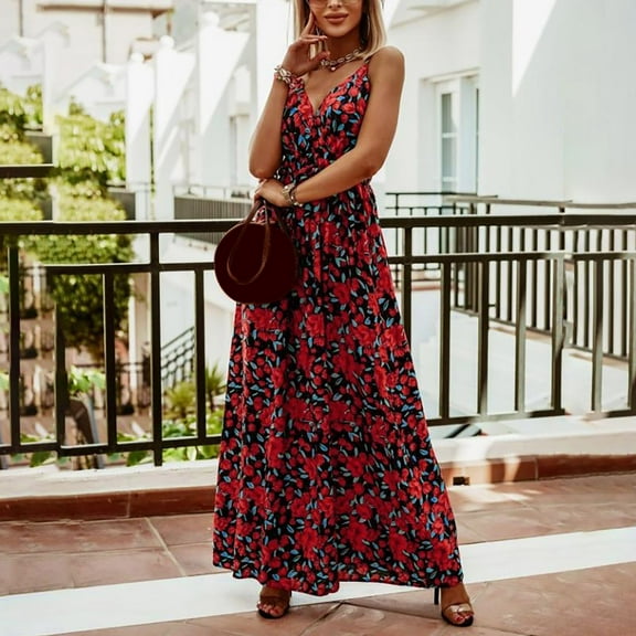 TIHLMK Women Dresses Summer Fashion Women V-Neck Boho Printing Suspender Lacing Sleevess Holiday Dress Long Skirt