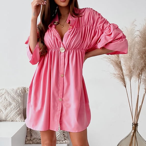 TIHLMK Women Dresses Summer Women's Fashion Bohemian V-neck Loose Long Sleeve Ruffles Solid Mini Dress