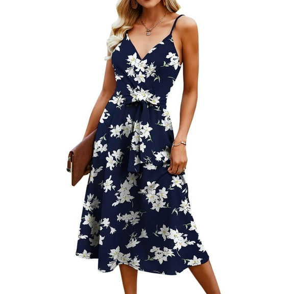 TIHLMK Women Dresses Summer Women's Fashion V-Neck Sleeveless Printed Print Mid Claf Dresses  Belt