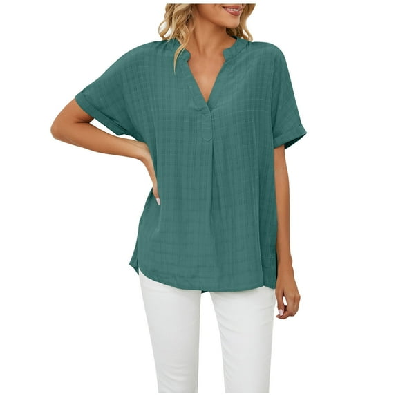 TIHLMK Women Shirts and Blouses Army Green Women's Fashion Short Sleeve Retro Round Neck Easter Solid Color Loose Tops Blouse Sleeve Gift for Womens Tops