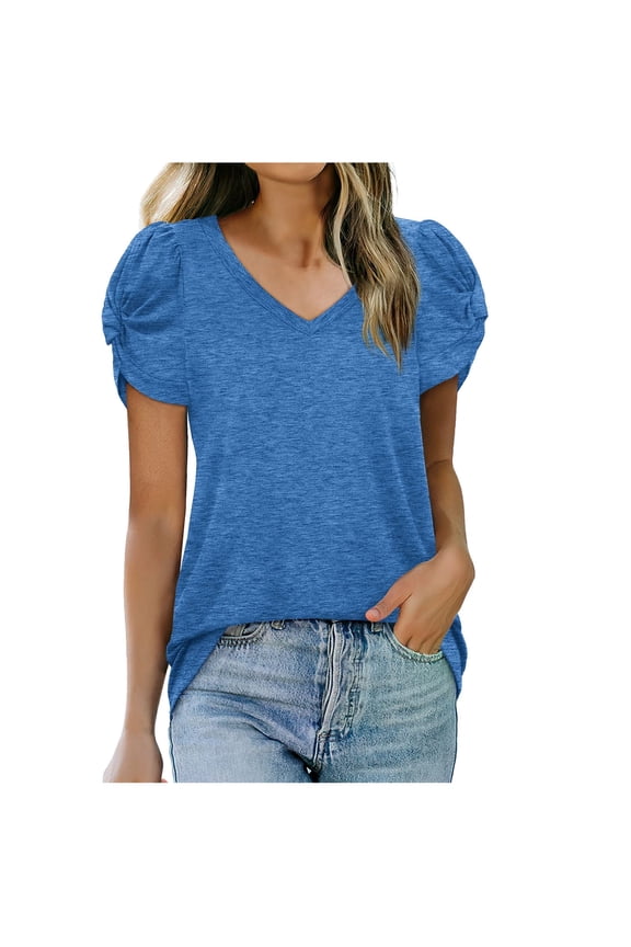 Women Shirts and Blouses Blue Women Loose Casual Short Sleeve V-Neck Solid Casual Blouse T-shirt Tunic Tops Gift for Womens Tops