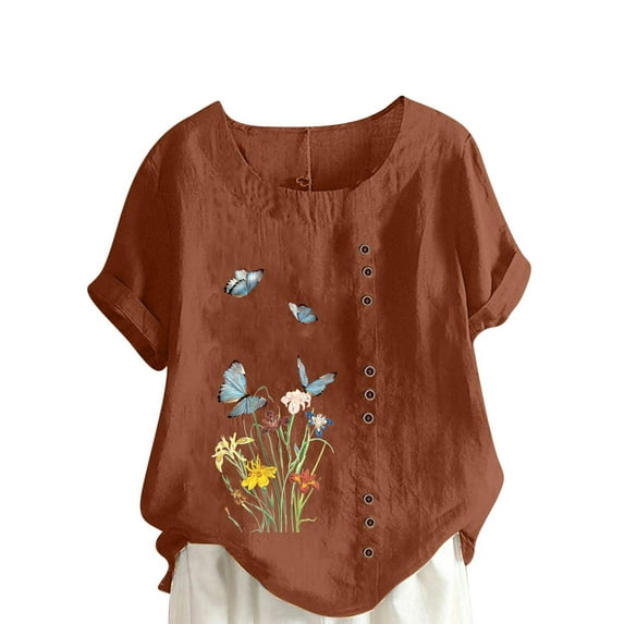 TIHLMK Women Shirts and Blouses Coffee Women Summer Print Regular Button Round Neck Short Sleeve Women Short Sleeves Top Gift for Womens Tops