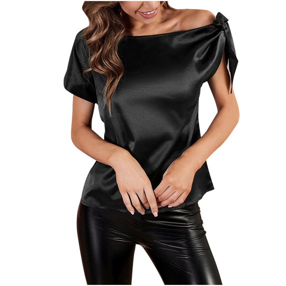 TIHLMK Women Shirts and Blouses Black Fashion Women Summer Skew Collar Solid Bandage T-shirt Commute Short Sleeve Tops Blouses Gift for Womens Tops