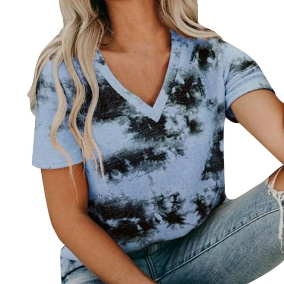 TIHLMK Women Shirts and Blouses Blue Womens Fashion Gradient Color V-Neck Printing Short Sleeve T-shirt Tops Blouse Gift for Womens Tops