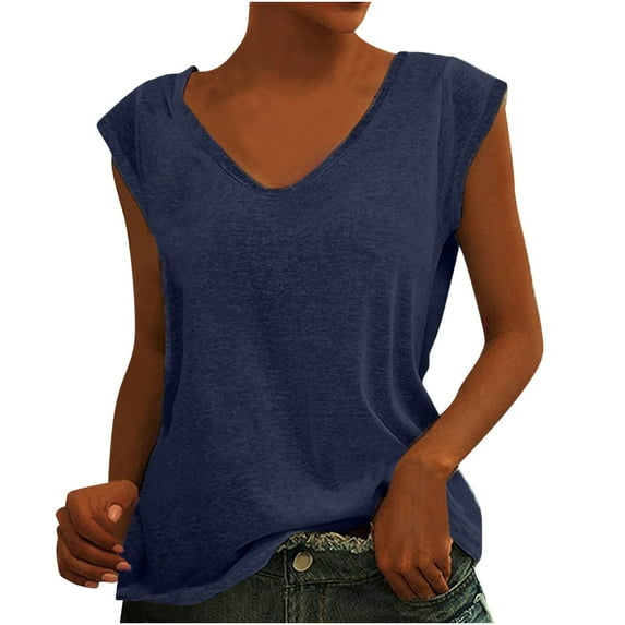 TIHLMK Women Shirts and Blouses Dark Blue Womens Solid Color Cap Sleeve Blouses T-Shirt Casual Loose Fit Basic Shirts Tank Tops Gift for Womens Tops