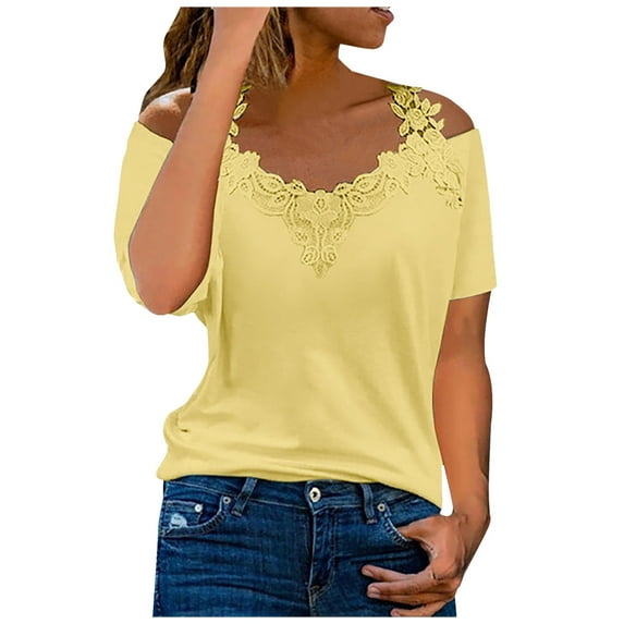 TIHLMK Women Shirts and Blouses Fashion Women's Summer V-Neck Casual Lace Patchwork Solid Caims Blouse Top Yellow