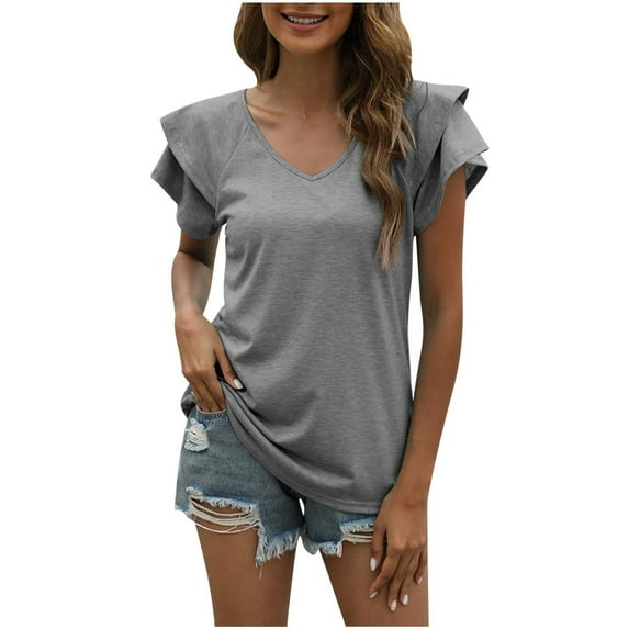 TIHLMK Women Shirts and Blouses Gray Women's V- Neck Solid Color Short Sleeve Lapel Tops Gift for Womens Tops