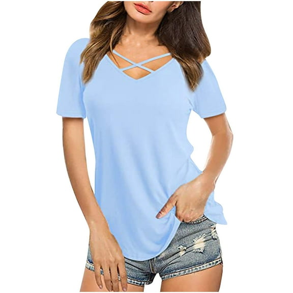 TIHLMK Women Shirts and Blouses Light Blue Women Casual Short Sleeve Flared Sleeves V-Neck Solid Loose T-Shirt Blouse Tops Gift for Womens Tops