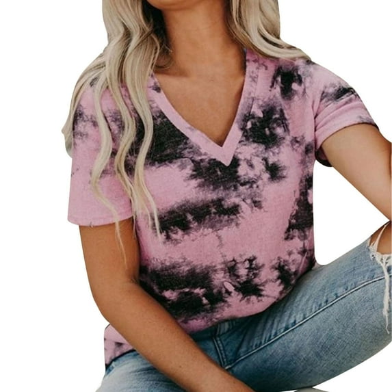 TIHLMK Women Shirts and Blouses Pink Womens Fashion Gradient Color V-Neck Printing Short Sleeve T-shirt Tops Blouse Gift for Womens Tops