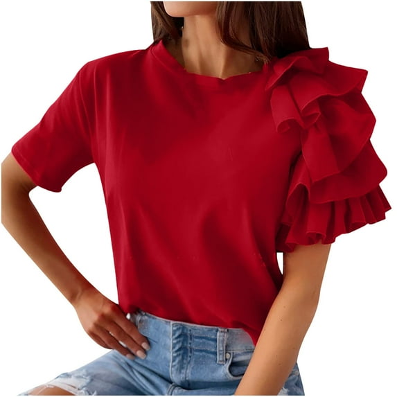 TIHLMK Women Shirts and Blouses Red Women Casual O Neck Solid Color Lace Short Sleeve Tops Blouse T Shirt Gift for Womens Tops