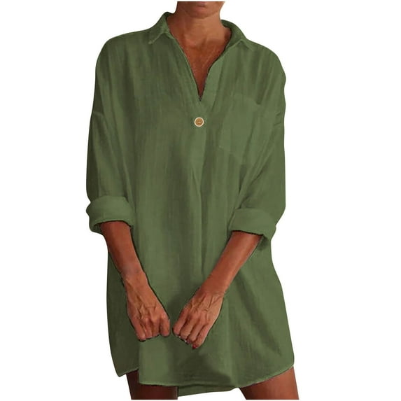 TIHLMK Women Shirts and Blouses Women's V-Neck Solid Color Shirts Mid-Length Tops Long-Sleeve V-Neck Tops/Shirts Gifts for Women