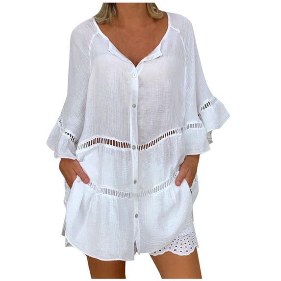 TIHLMK Women Shirts and Blouses White Womens Short Sleeve Plus Size Solid Hollow Out V-neck Pullover Tops Shirt Gift for Womens Tops