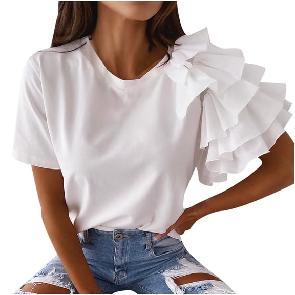 TIHLMK Women Shirts and Blouses White Women Casual O Neck Solid Color Lace Short Sleeve Tops Blouse T Shirt Gift for Womens Tops