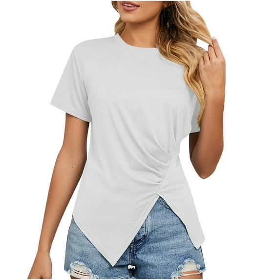 TIHLMK Women Shirts and Blouses White Women's Fashion Casual Short Sleeve Solid Color Comfortable Sweatshirt Tops Blouse Gift for Womens Tops