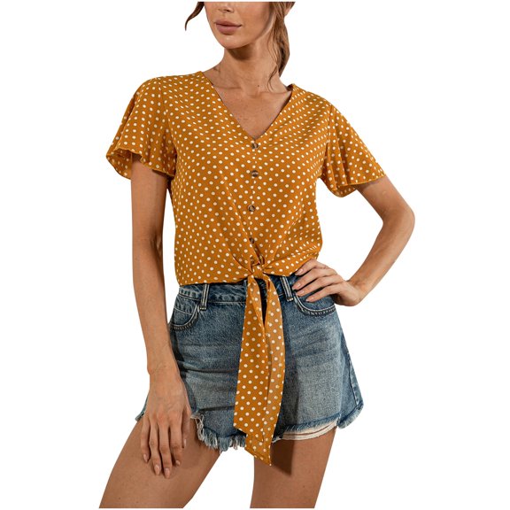 TIHLMK Women Shirts and Blouses Yellow Ladies Polka Dot Printing Loose V-neck Lace Button Petal Short Sleeve Top Gift for Womens Tops