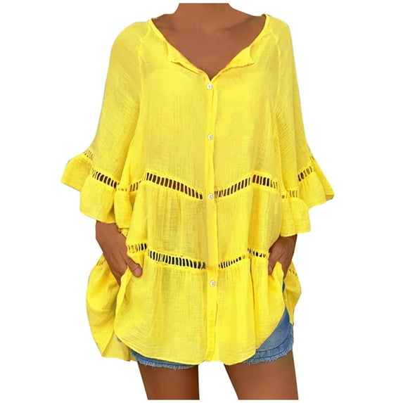 TIHLMK Women Shirts and Blouses Yellow Womens Short Sleeve Plus Size Solid Hollow Out V-neck Pullover Tops Shirt Gift for Womens Tops