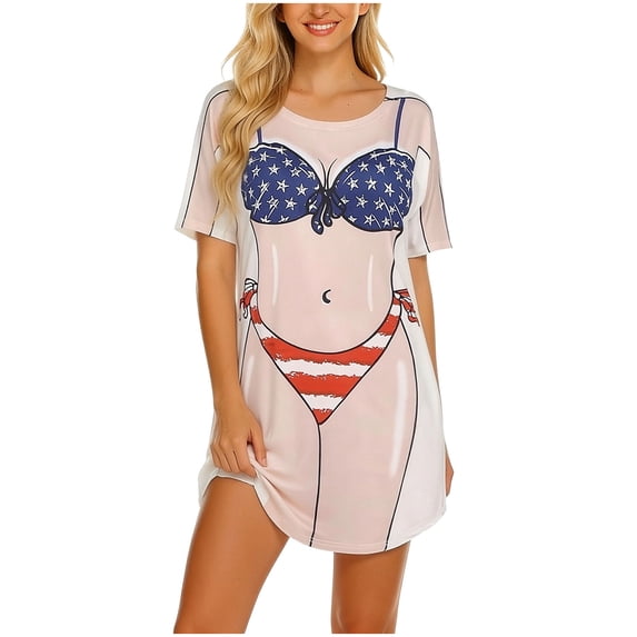 TIHLMK Women's Bikini Cover Up Dresses Cute Bikini Print Short Sleeve Crew Neck Beach Swimsuit Cover Up, Casual Bathingsuit Shirt Dresses