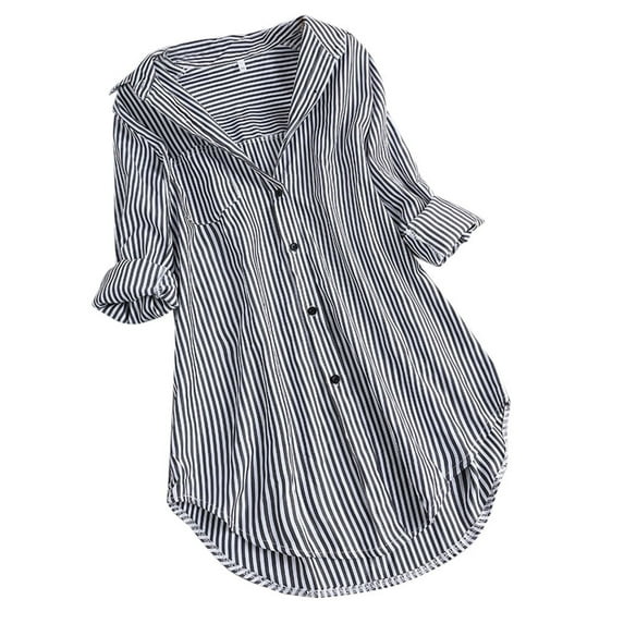 TIHLMK Women's Blouses Women Stripe Long Sleeve Turn-down Collar Button Loose Top Shirts Blouse Gifts for Women