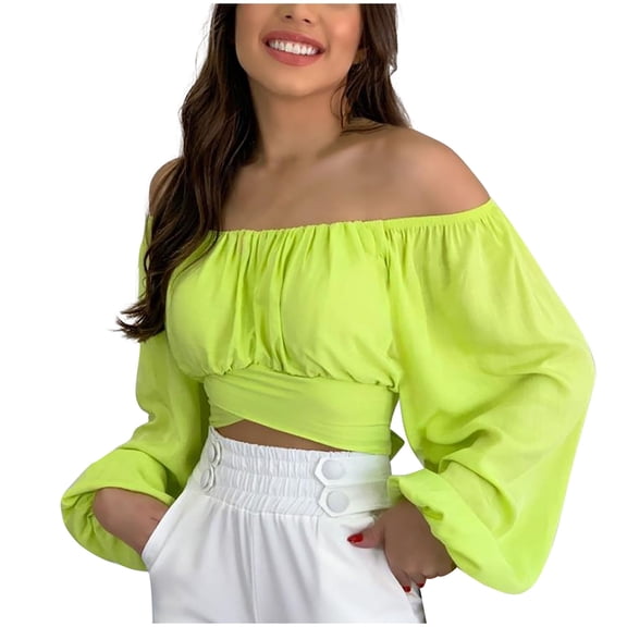 TIHLMK Women's Blouses Women's Casual Fashion Summer T-neck Puff Sleeve Solid Color Shirt Top Blouse Gifts for Women