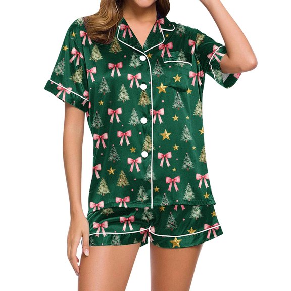 TIHLMK Women's Christmas Printed Pajama Set, Notch Collar Short Sleeve Button Front Top and Shorts, Casual Two Piece Sleepwear Loungewear
