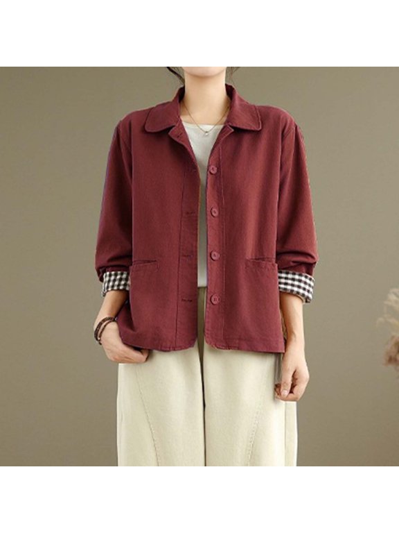 Women's Collared Button Down Casual Jacket, Long Sleeve Relaxed Fit Outerwear, Turn-Up Cuff Coat with Side Pockets for Fall Winter Daily Casual