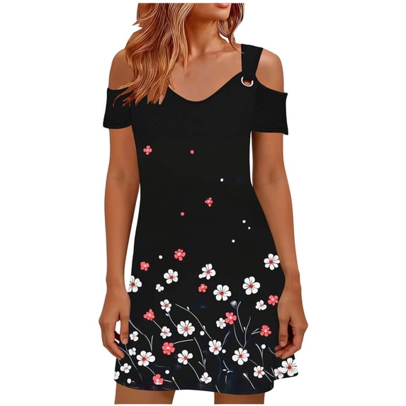 TIHLMK Women's Off-Shoulder Mini Dresses Printed Short Sleeve Button-Down Floral Dresses for Pool side Summer Vacation