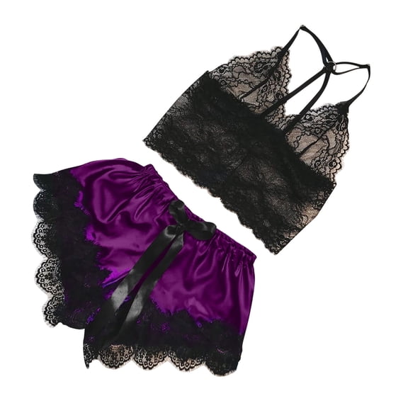 TIHLMK Women's Pajama Sets Women V-Neck Eyelash Lace Stain Camisole Pajamas Bowknot Shorts Set Gift for Women