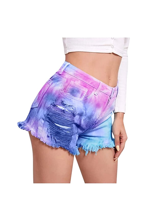 Women's Pant Short Fashion Women Pocket Tie-dye Jeans Denim Pants Female Hole Bottom Casual Shorts Gift for Women